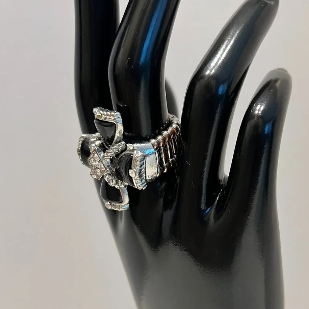 Large Silver & Black Cross w/Rhinestones‎ Stretch Statement Ring